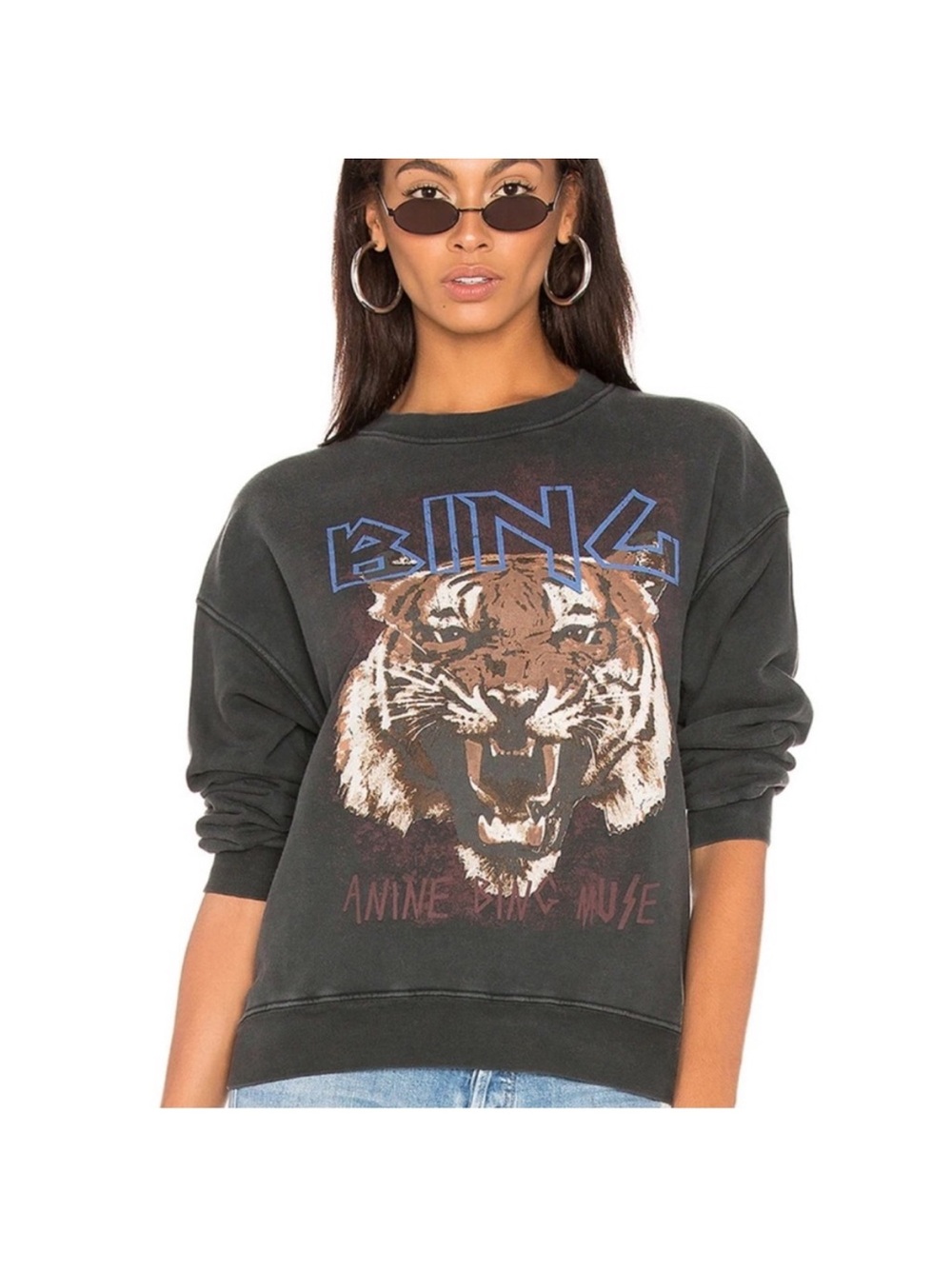 Anine Bing Charcoal Gray Graphic Tiger Crewneck Sweatshirt
